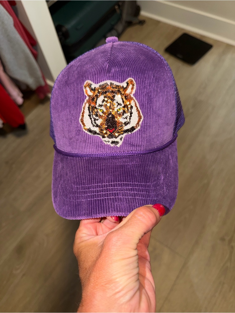 Sequin Tiger Corduroy Baseball Cap - Purple